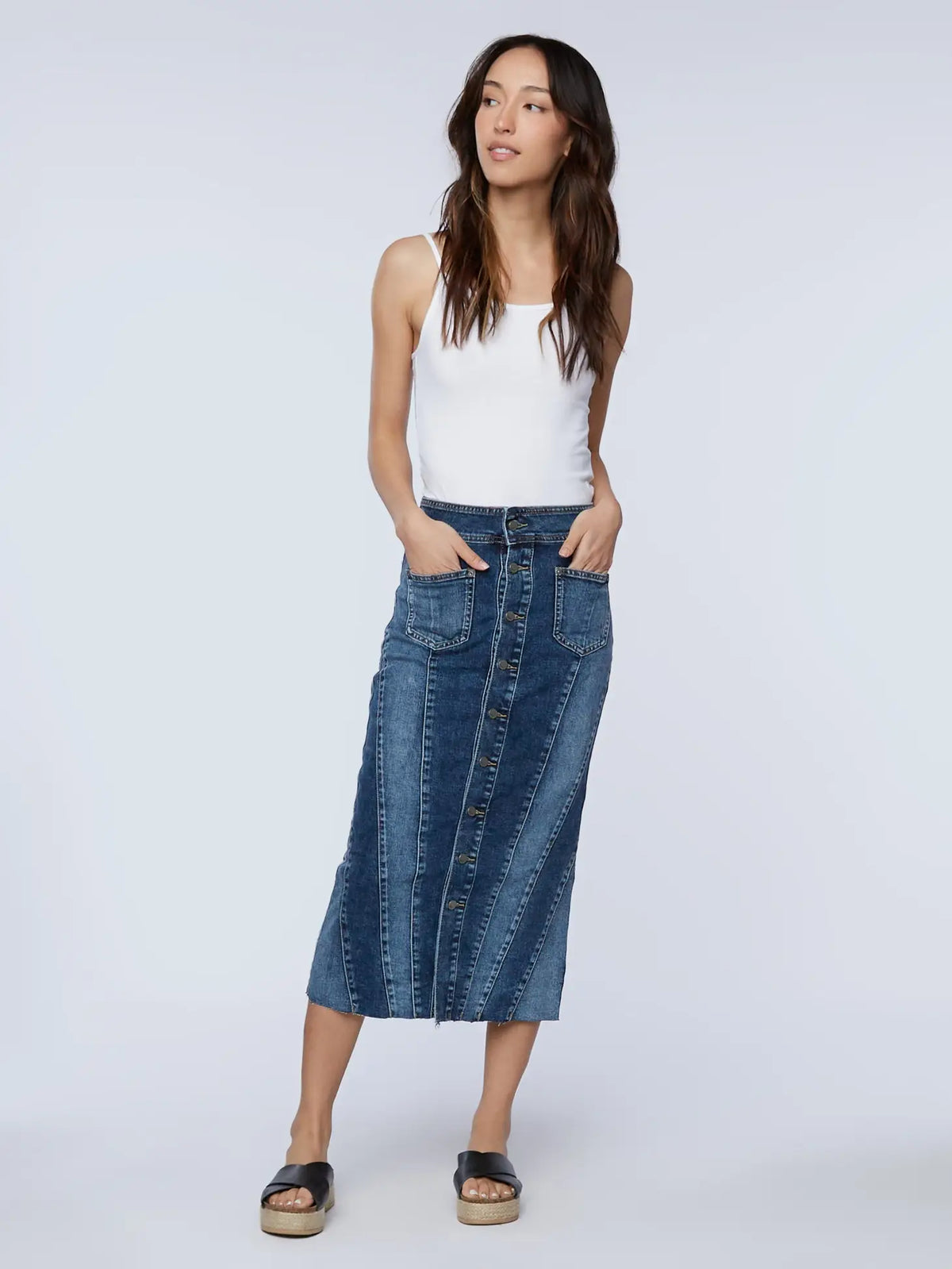 Retro Button Front Denim Maxi Skirt